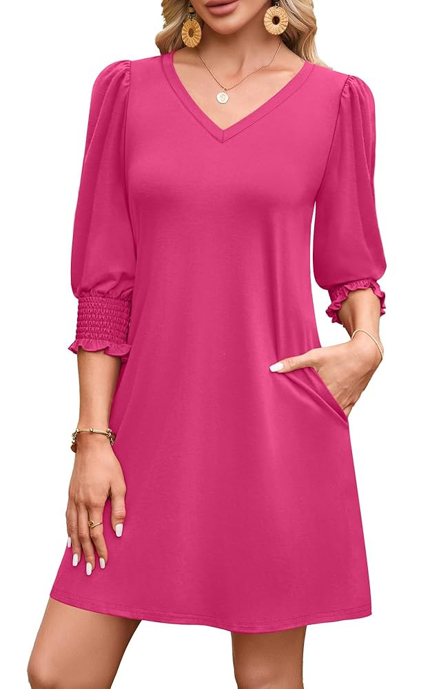 WIHOLL Women's Summer Dresses 3/4 Puff Sleeve Casual Sundress Dress with Pockets Beach Vacation 2... | Amazon (US)