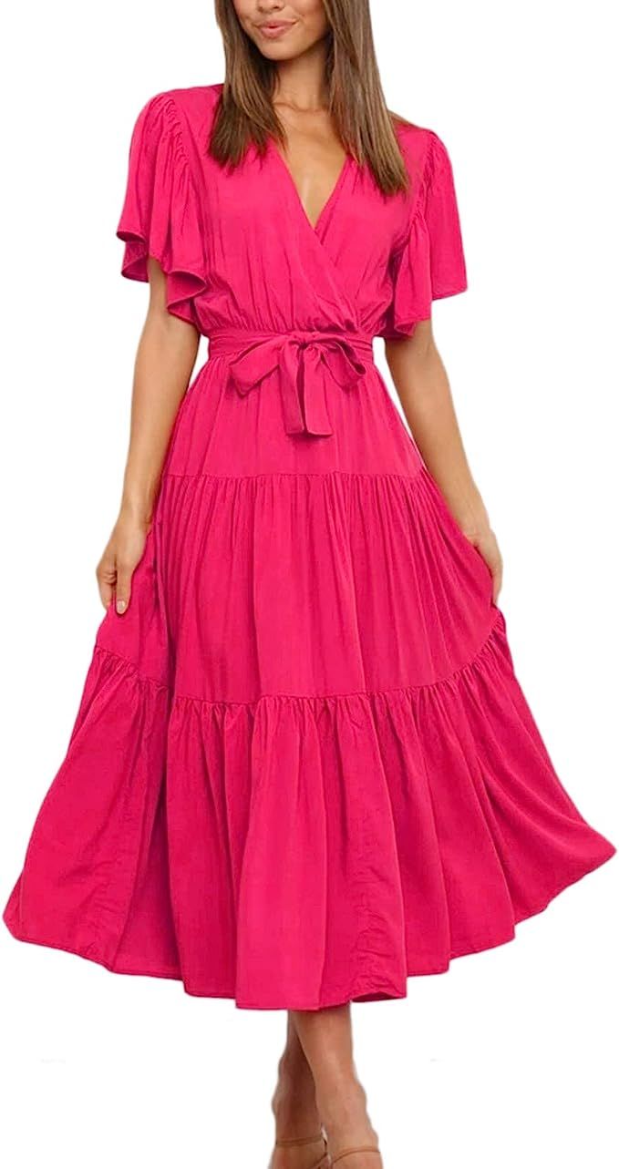 ISZPLUSH Women's Dress Wrap V Neck Ruffle Swing Short Sleeve High Waist Party Beach Maxi Dresses | Amazon (US)