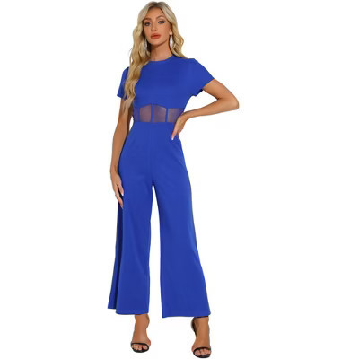 INSPIRE CHIC Women's One Piece Outfits Casual Crewneck Mesh Sheer Wide Leg Jumpsuit Royal Blue X-Large | Target