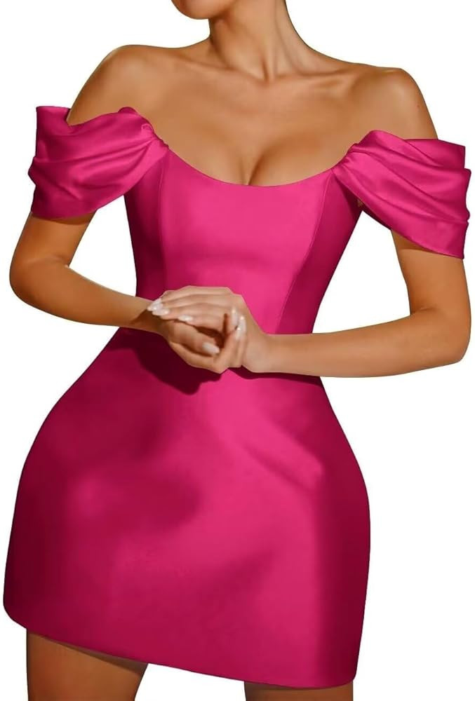 Off Shoulder Short Wedding Dress for Bride A Line Strapless Satin Prom Homecoming Dresses for Tee... | Amazon (US)