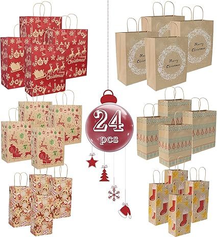 Christmas Gift bags-24Count Kraft Assorted Sizes Holiday Wrapping Paper Gift Bag With Handle-Grea... | Amazon (US)