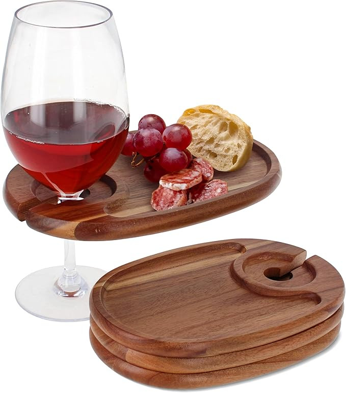 Acacia Wood Appetizer Plates Set of 4 - Acacia Mini Cheese Boards with Wine Glass Holder, Wooden ... | Amazon (US)