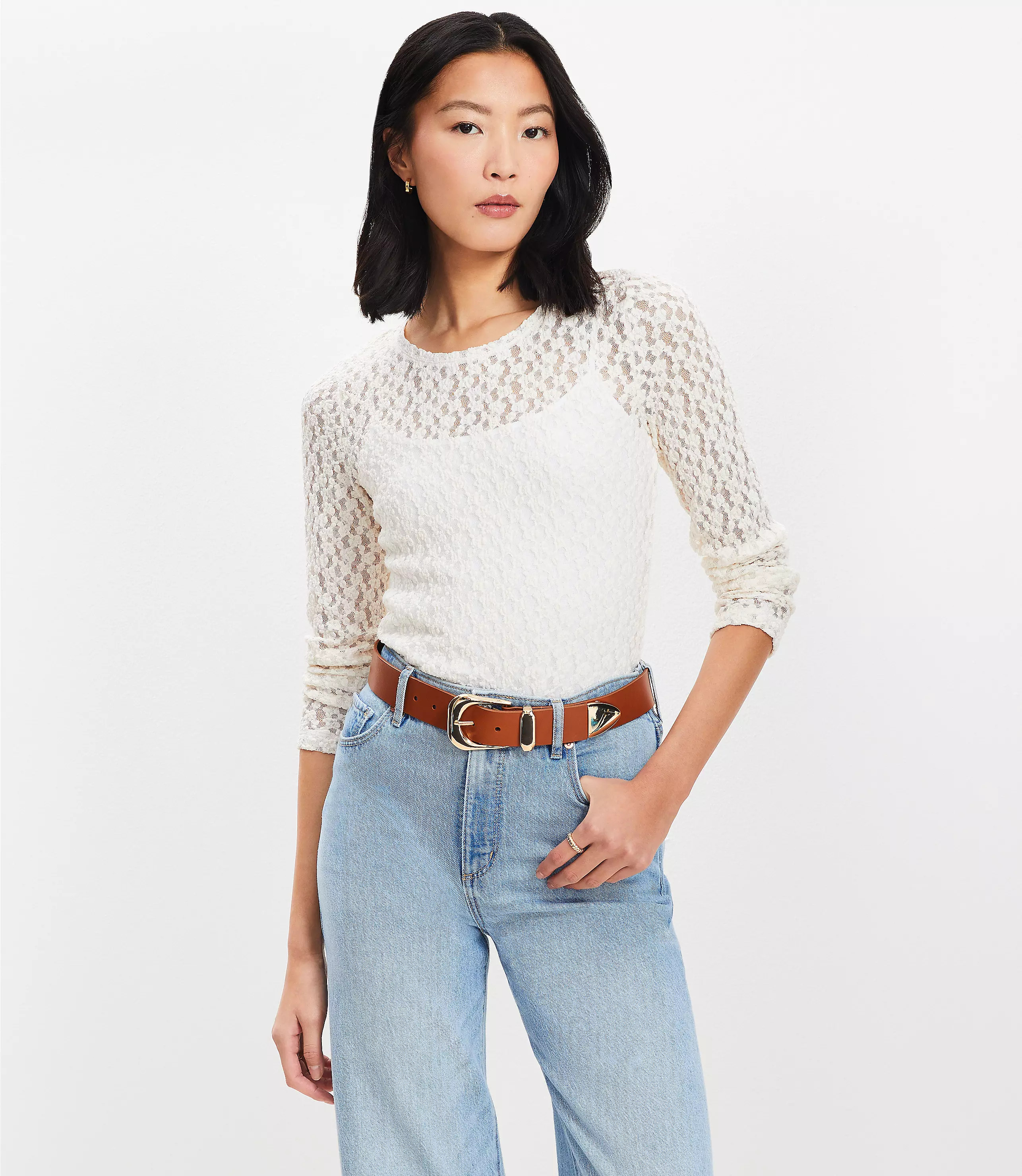Petite Lace Long Sleeve Crew Neck Tee | LOFT