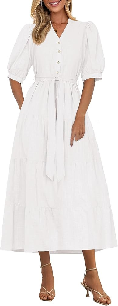 PRETTYGARDEN Summer Dresses for Women 2025 Elegant Classy Short Sleeve V Neck Ruffle A Line Belte... | Amazon (US)