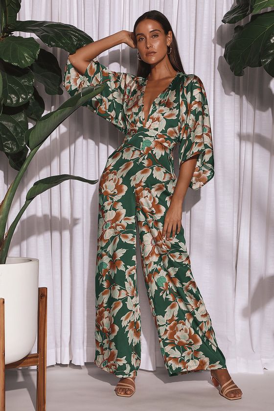 From Sunrise Teal Floral Print Bell Sleeve Wide-Leg Jumpsuit | Lulus (US)