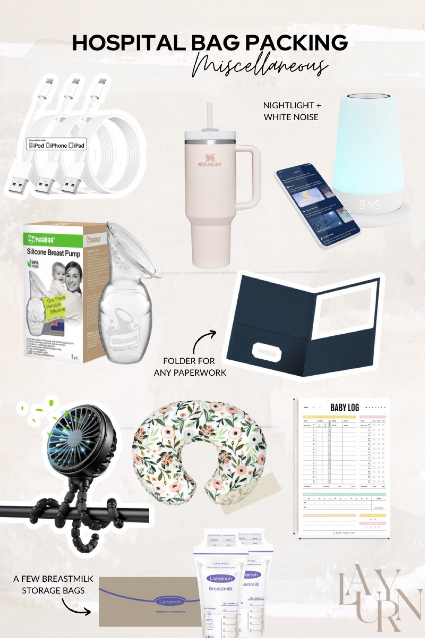 Labor and delivery hospital packing: miscellaneous // portable fan, boppy pillow, Haaka, Stanley cup, hatch nightlight & sound machine 