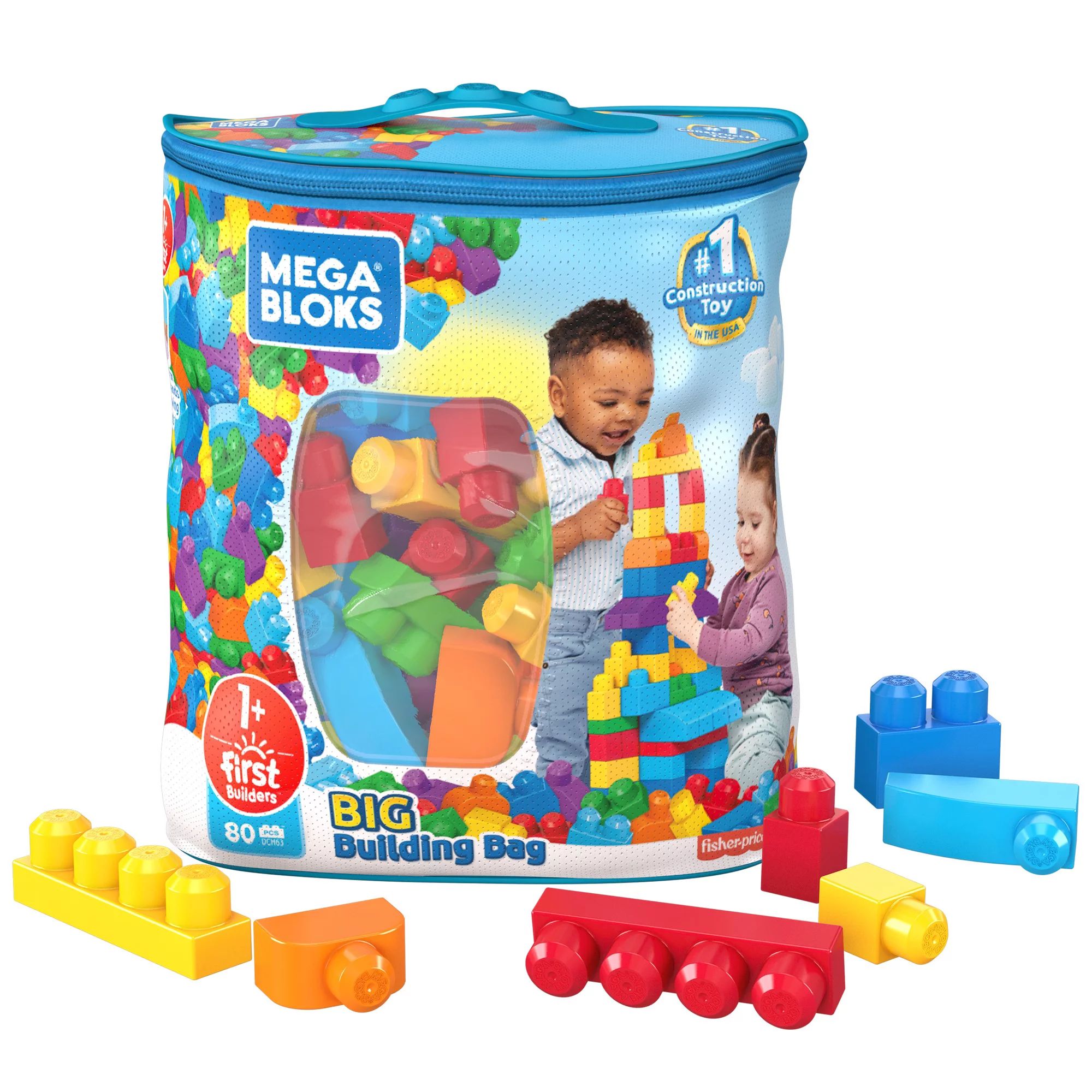 Mega Bloks Big Building Bag Blue Set with 80 Big and Colorful Building Blocks, and 1 Storage Bag,... | Walmart (US)