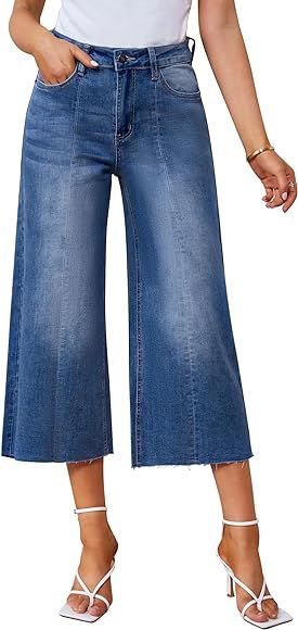 GRAPENT 2023 Jean Capris for Women Wide Leg Jeans High Waisted Seamed Front Raw Hem Denim Capri P... | Amazon (US)