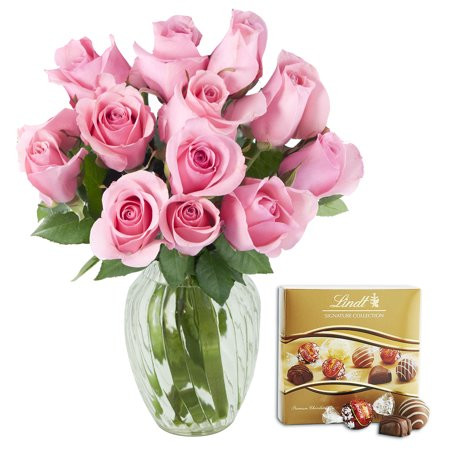KaBloom Valentine's Day Collection: Bouquet of 12 Fresh Pink Roses (Farm-Fresh, Long-Stem) with Vase | Walmart (US)