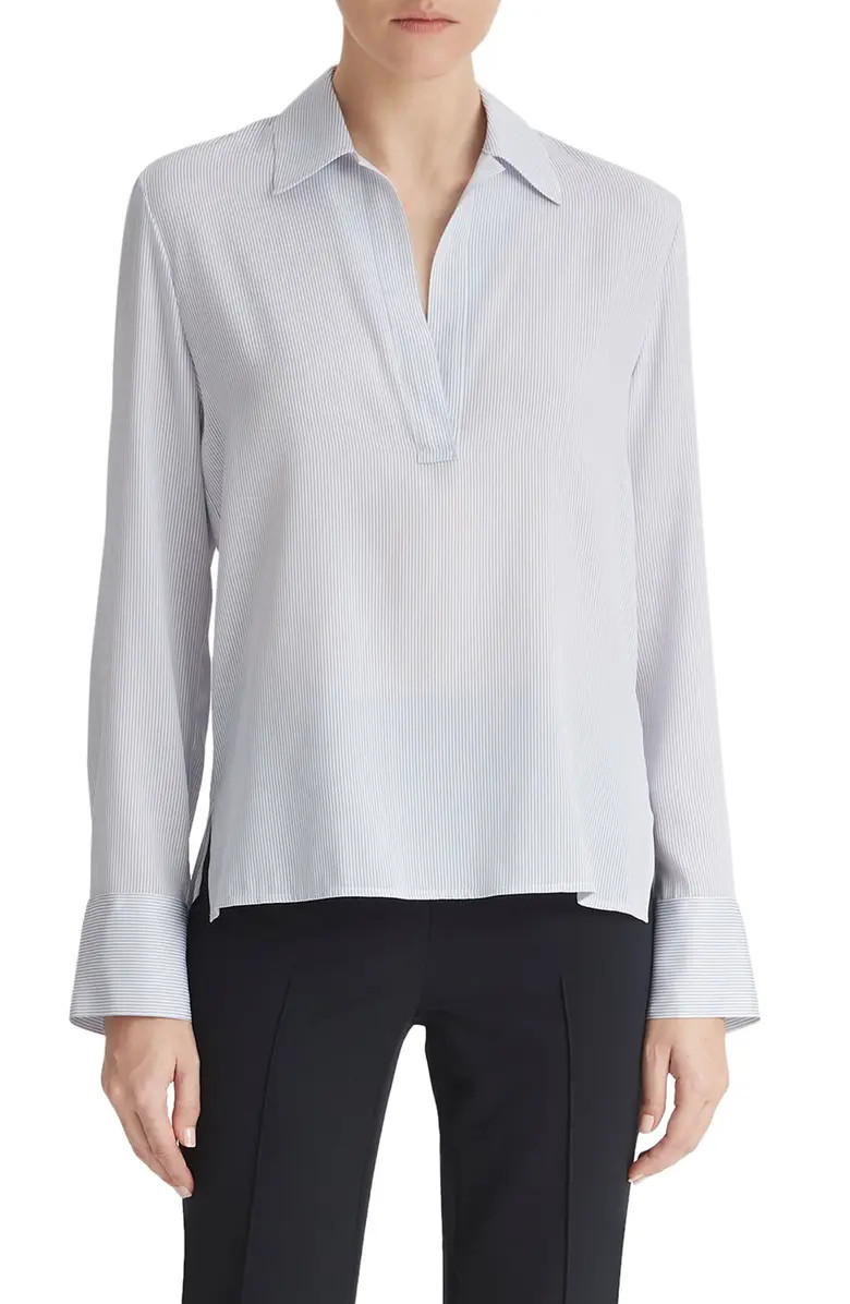 Micro Stripe Stretch Silk Popover Shirt | Nordstrom