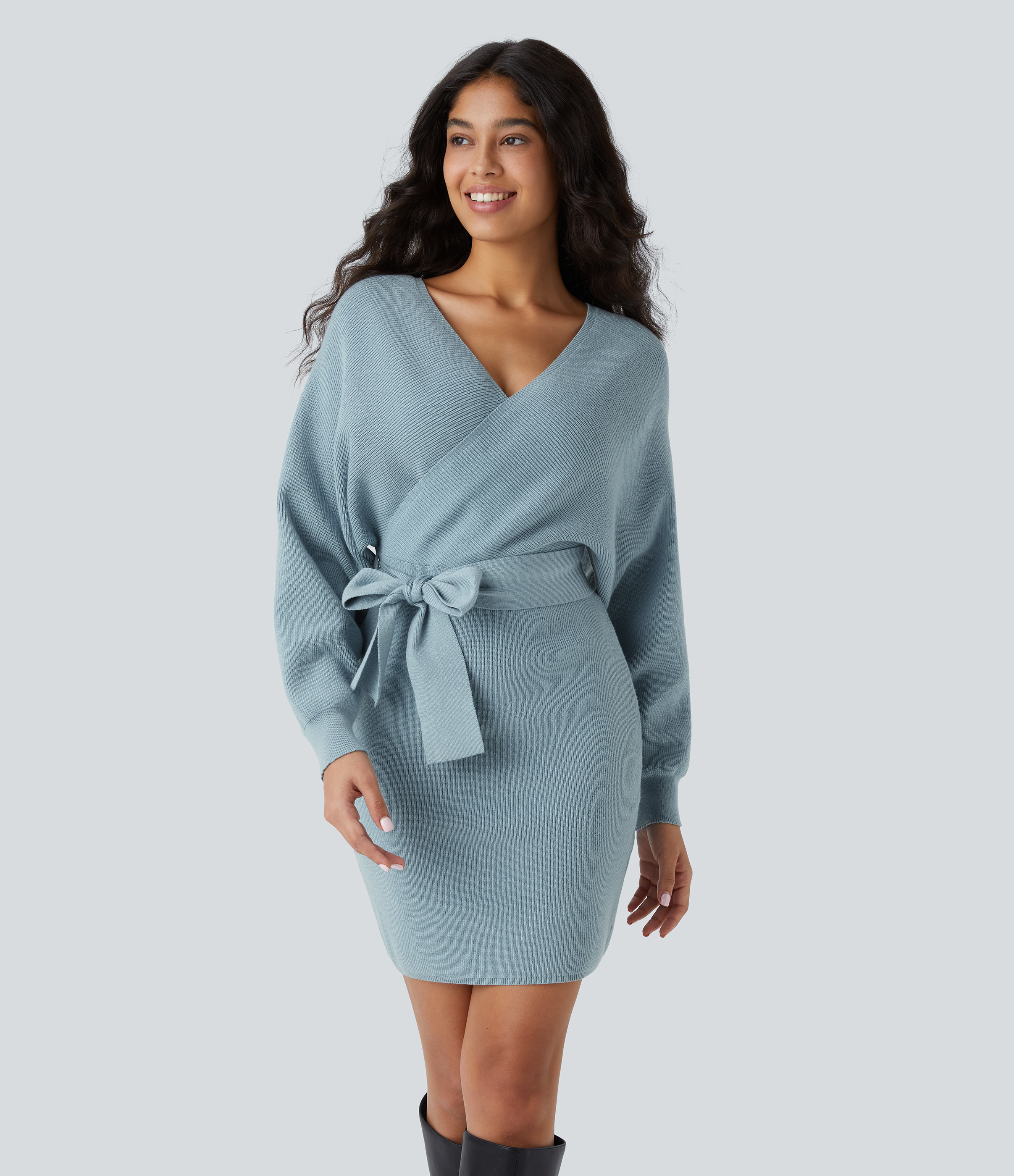 Women’s Crossover V Neck  Batwing Long Sleeve Belted Mini Casual Sweater Dress - Halara | Halara-AU