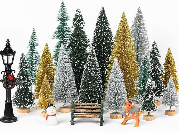 AerWo 21pcs Mini Christmas Trees Bottle Brush Trees with Snowman, Reindeer, Bench, Small Christma... | Amazon (US)