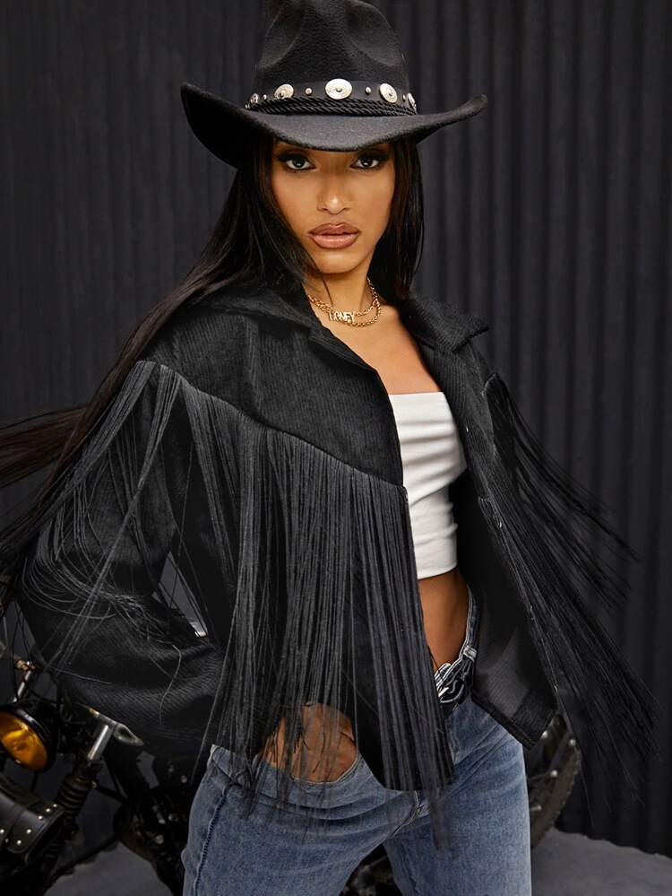 Solid Fringe Detail Corduroy Jacket | SHEIN