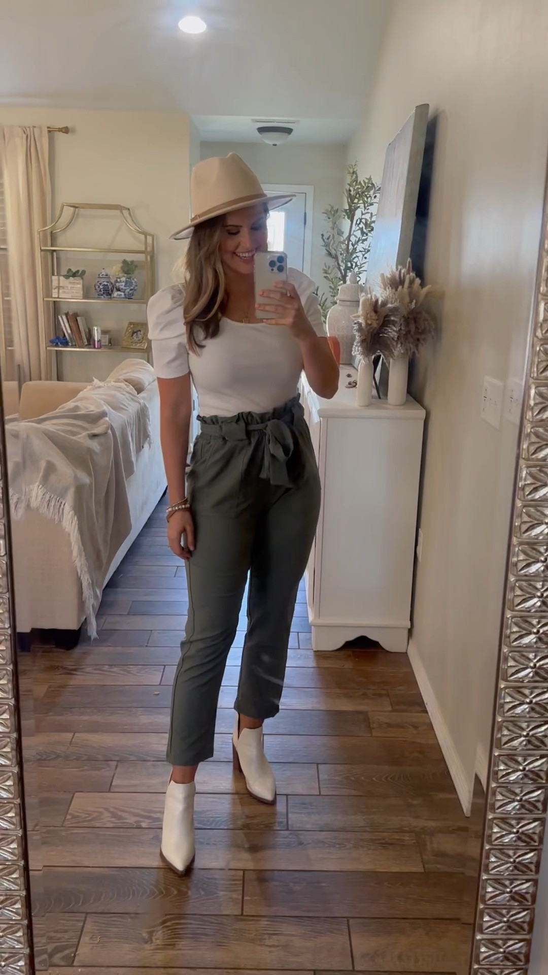 Fall outfit from Amazon! Wearing size M in puff sleeve top & paperbag pants! White boots run true to size too. Gold initial necklace & amazon hat! 

Mom fashion. Workwear. Mom outfits. Fall style. Work / office outfit ideas. Date night look. 

#LTKunder50 #LTKworkwear #LTKSeasonal