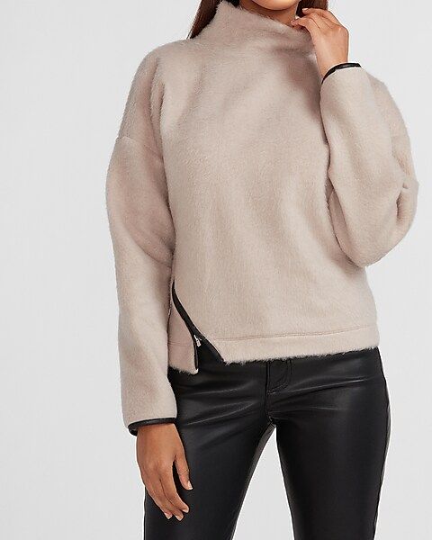 Faux Fur Asymmetrical Zip Mock Neck Sweatshirt | Express