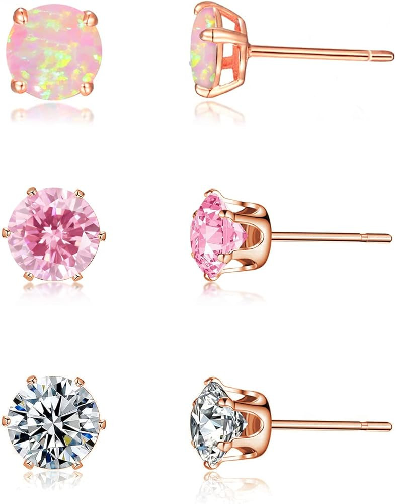 3 Pairs Stud Earrings Set, 14k Gold Plated Opal Studs Hypoallergenic Stainless Steel Cubic Zircon... | Amazon (US)
