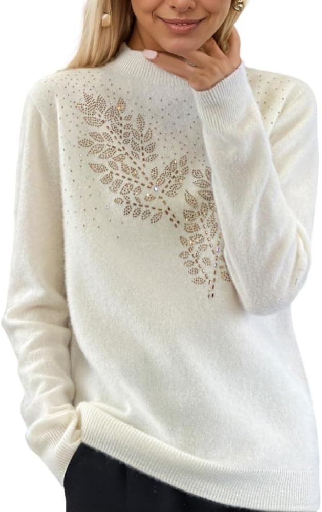 Women's Mock Neck Glitter Rhinestone Knit Sweater Fall Winter Warm Comfy Casual Long Sleeve Pullo... | Amazon (US)