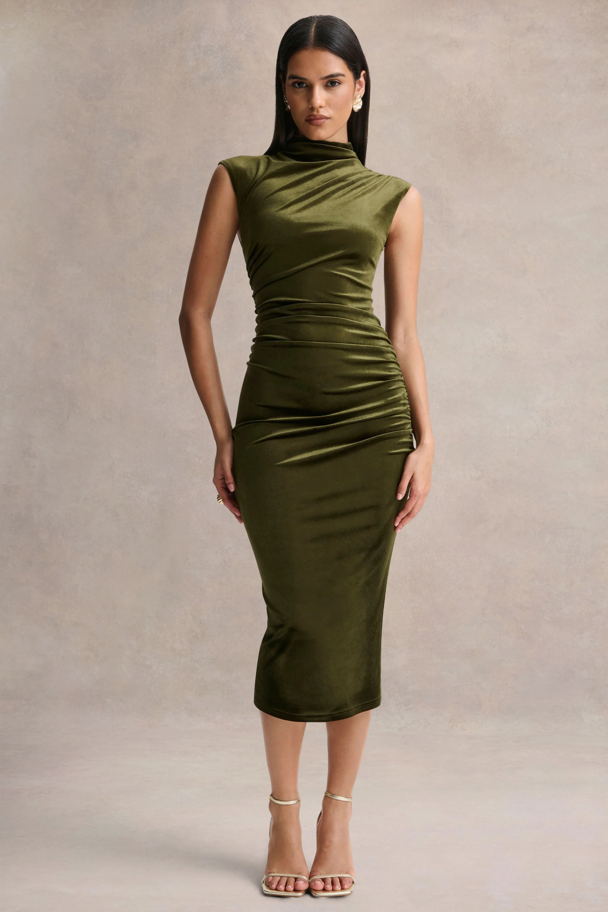 Novine | Olive Velvet High-Neck Midi Dress | Club L London