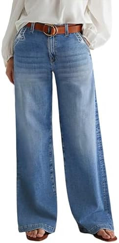 Flamingals Wide Leg Jeans for Women Mid Waist Baggy Stitch Decor Denim Washed Pants Without Belt | Amazon (US)