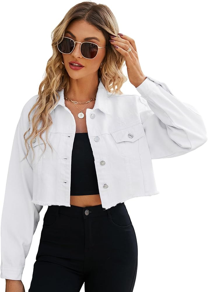 LONGYIDA Women's Cropped Denim Jacket | Distressed Button-Down Jean Jacket | Long Sleeve Ripped &... | Amazon (US)
