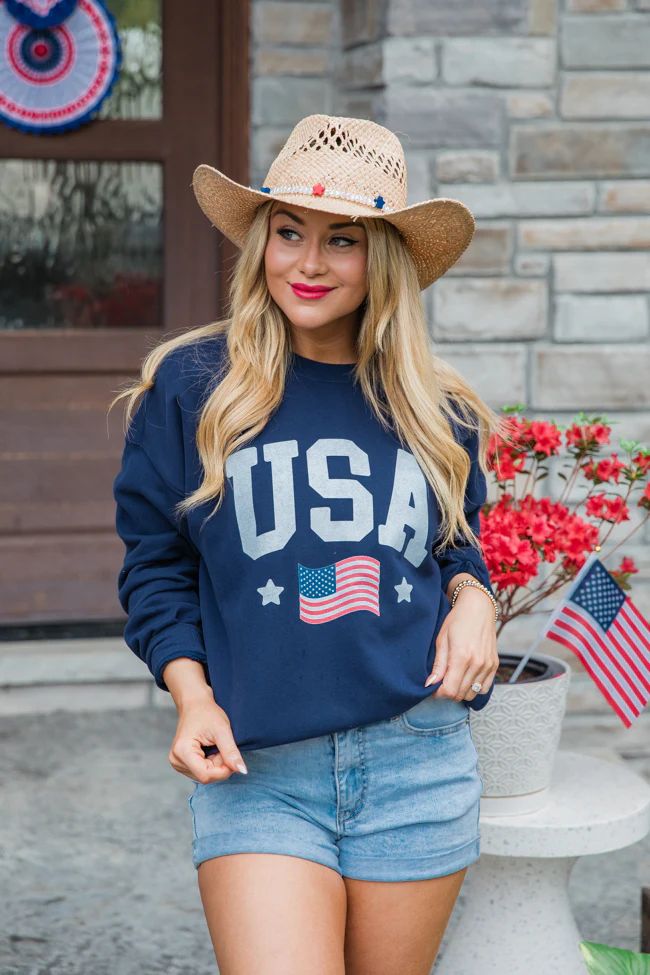 USA Flag Navy Oversized Graphic Sweatshirt | Pink Lily