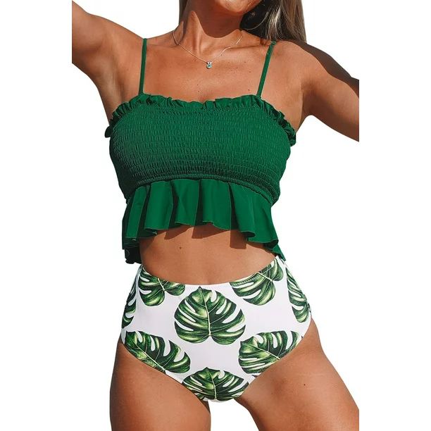 Cupshe Women's Smocked Ruffled High Waisted Bikini Set Swimsuit Green Leafy, L | Walmart (US)