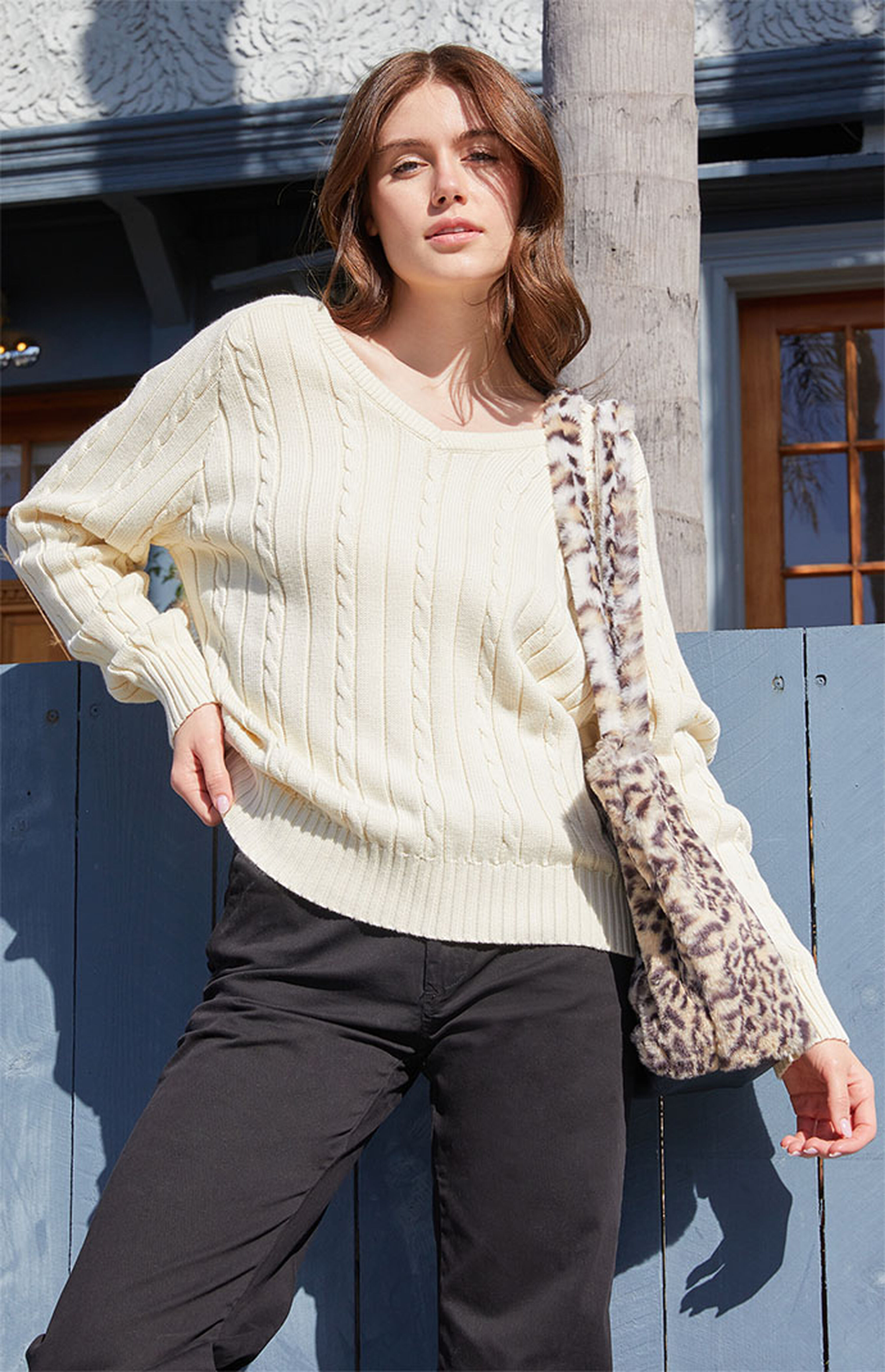 John Galt White Nikki V-Neck Cable Knit Sweater | PacSun