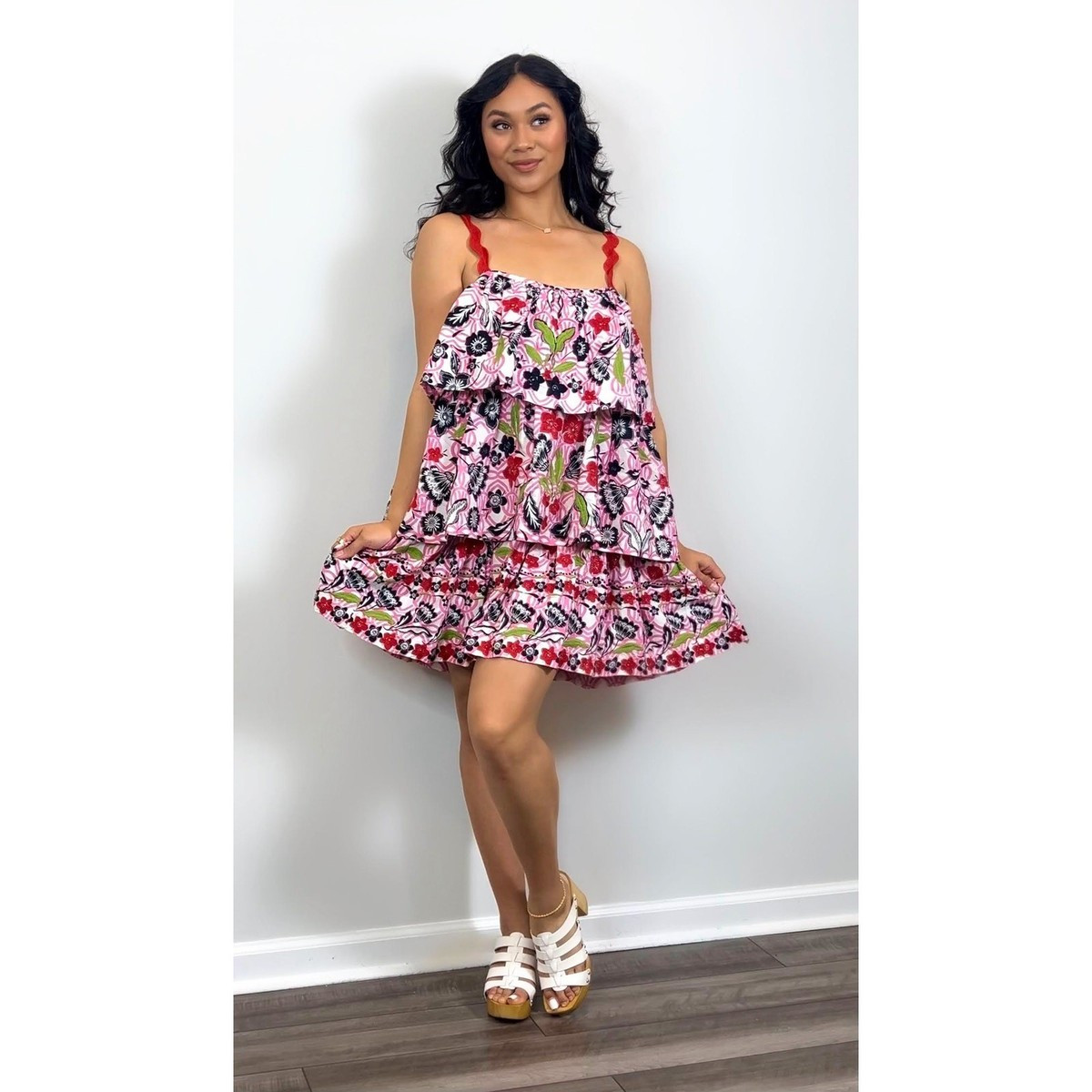 Anthropologie Maeve Tiered Printed Mini Dress in Pink Combo Medium Floral Boho | eBay US
