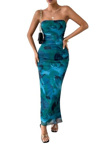 GORGLITTER Women's Mesh Floral Strapless Bodycon Maxi Dress Ruched Tube Long Dresses with Slit Green Large | Amazon (US)