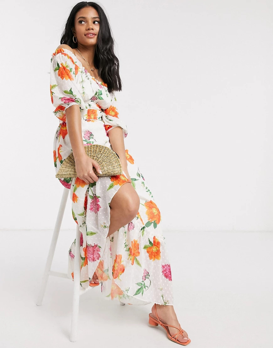 Skylar Rose bardot midaxi dress in floral print-White | ASOS (Global)