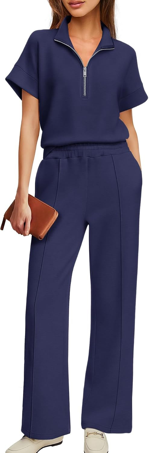 Womens 2 Piece Lounge Set Airport Travel Outfit Short Sleeve Half Zip Wide Leg Pants Summer Tracksuit with Pockets | Amazon (US)