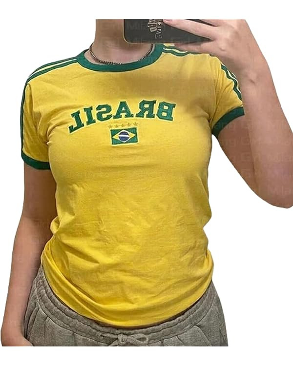 Vintage Graphic Baby Tees for Women Brazil Shirt Y2k Crop Tops Soccer Jersey 2000s Going Out Tops | Amazon (UK)