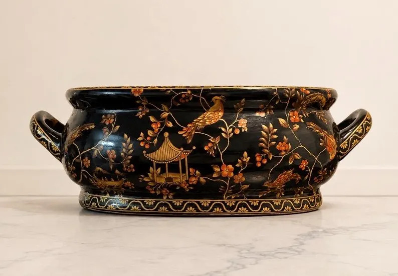 Vintage Chinoiserie Footbath / Centerpiece Bowl | Black & Gilt Ceramic | Jardiniere | Etsy (Global)