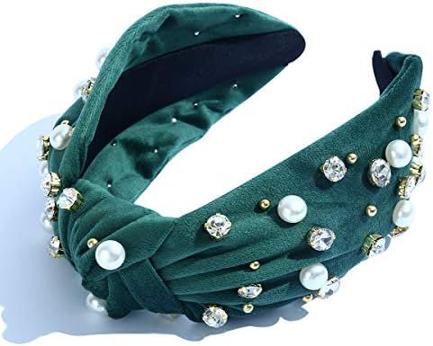 Pearly Crystal Knotted Women Headband Luxury Green Jeweled Embellished Top Hairband Fashion Elega... | Amazon (US)