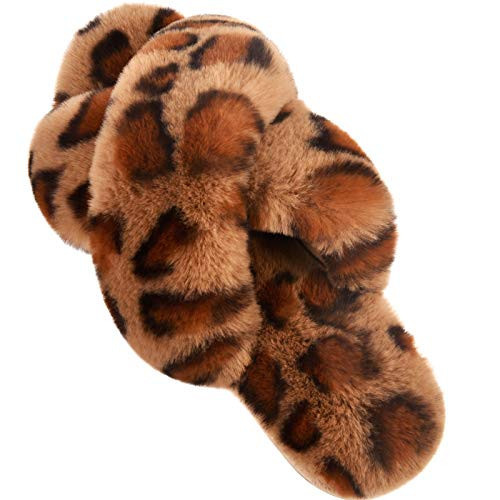 Parlovable Women's Cross Band Slippers Fuzzy Soft House Slippers Plush Furry Warm Cozy Open Toe Fluffy Home Shoes Comfy Indoor Outdoor Slip On Breathable Leopard 5-6 | Amazon (US)