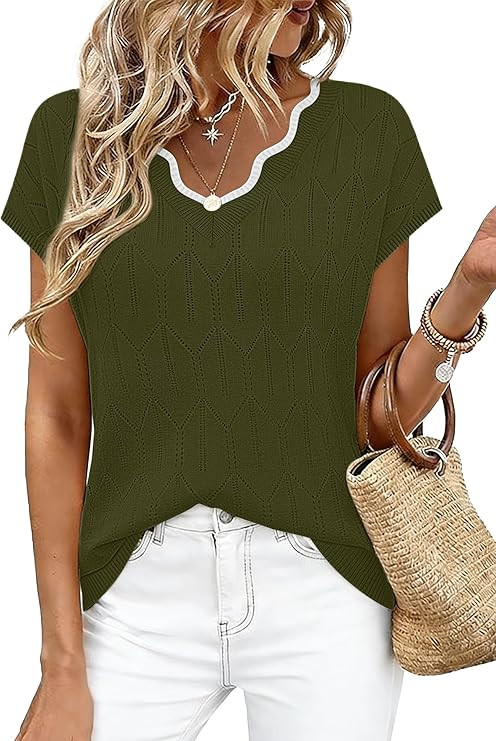 WIHOLL Womens Summer Tops Cap Sleeve Sweater V Neck Shirts Beach Vacation Clothes Business Casual... | Amazon (US)
