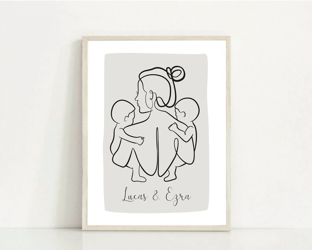 Grey Twin Mum Minimalist Line Art Print in Grey - Etsy | Etsy (US)