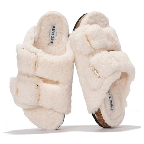 Project Cloud 100% Genuine Leather Flat Sandals for Women 2026 Comfortable Beach Essentials Womens Sandals Memory Foam Vacation Essentials Slides for Women Footwear (SantoriniFur,OFFW,11) | Amazon (US)
