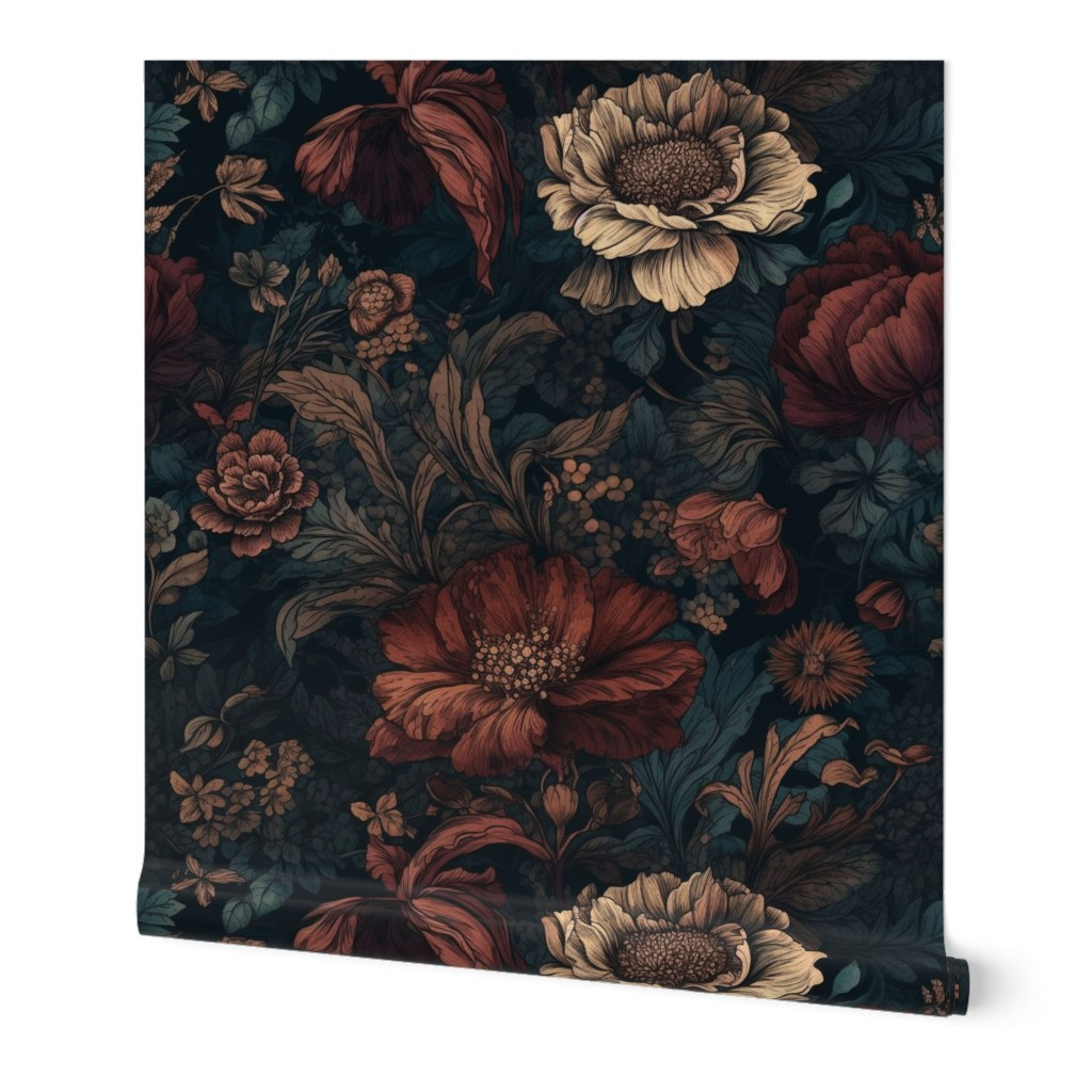 Wallpaper in Gothic Dark Academia Floral Blooms | Spoonflower