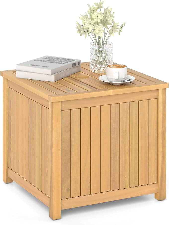 HAPPYGRILL Outdoor Side Table with Umbrella Hole, Acacia Wood End Table with Storage, Removable B... | Amazon (US)