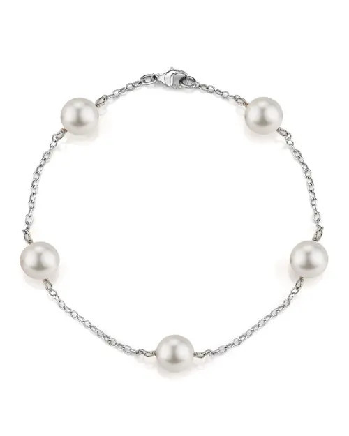 The Pearl Source 14K Gold Japanese Akoya White Pearl Tincup Bracelet in White Gold Chain at Nordstrom, Size 7.5 | Nordstrom