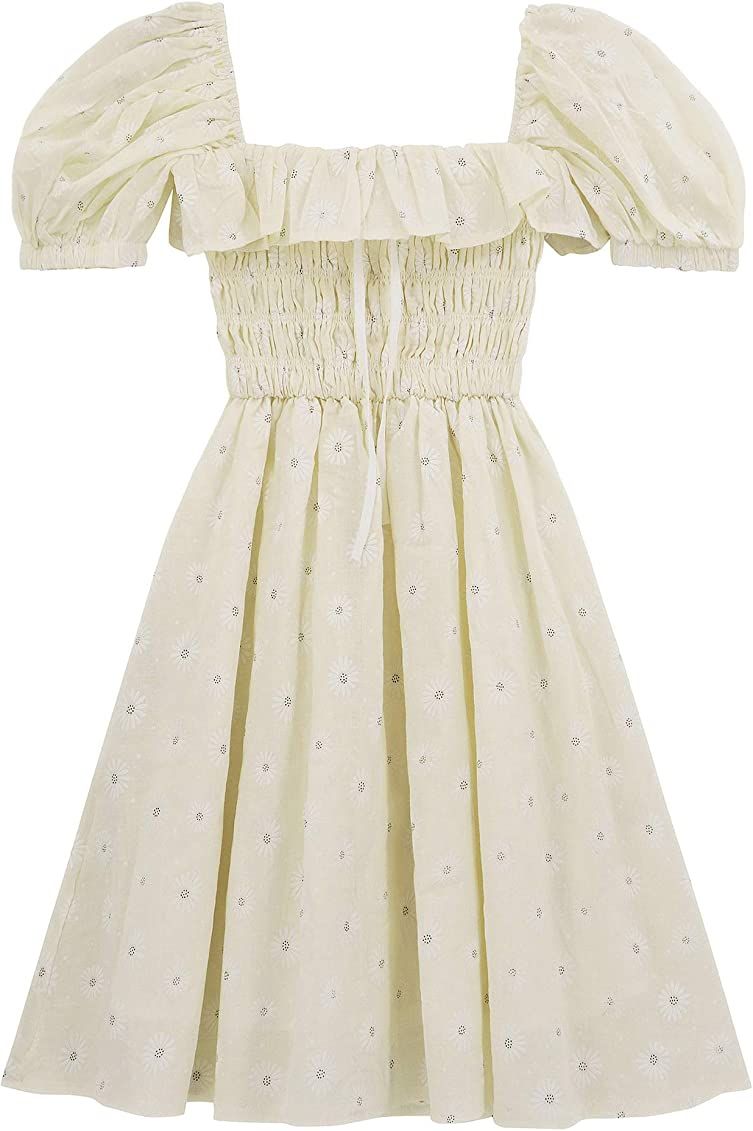 R.Vivimos Women's Summer Linen Short Sleeve Ruffled Floral Print Swing Dress | Amazon (US)