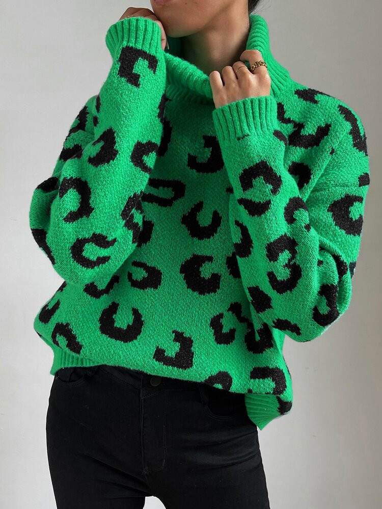 Leopard Pattern Turtleneck Drop Shoulder Sweater | SHEIN