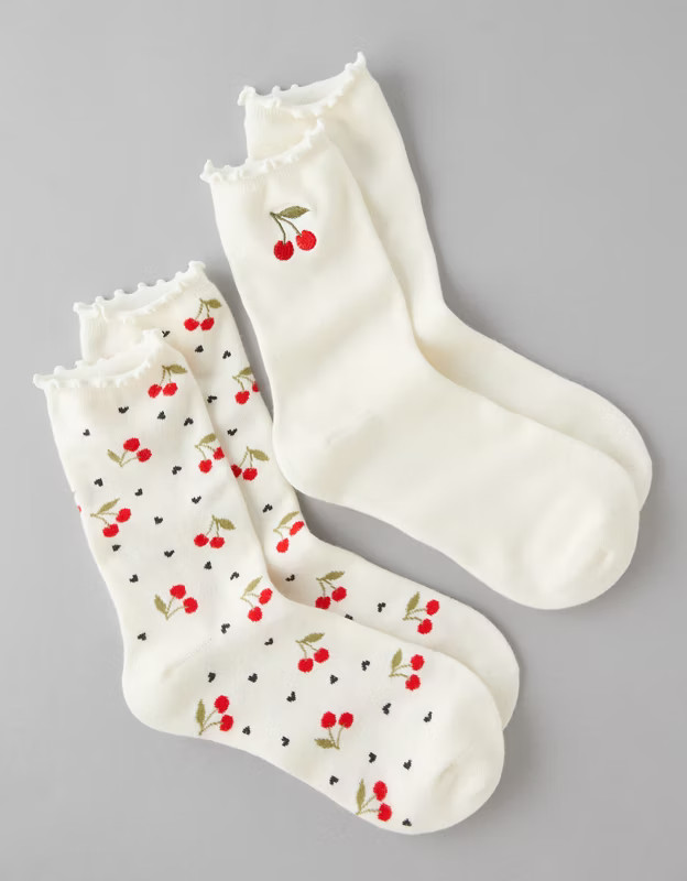 AE Cherries Ruffle Crew Socks 2-Pack | American Eagle Outfitters (US & CA)