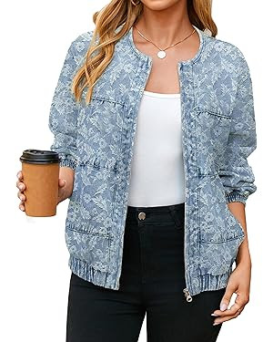 Glamaker Womens Denim Bomber Jacket Trendy Casual Zip Up Crew Neck Long Sleeve Loose Fit Jean Jac... | Amazon (US)