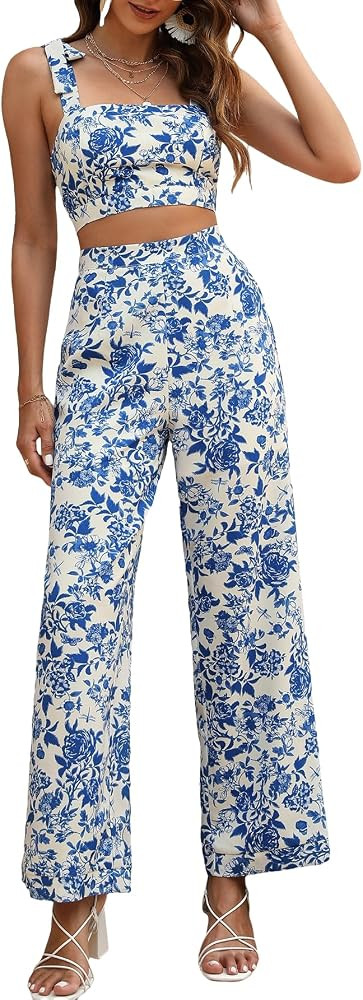 Floerns Women's 2 Piece Summer Outfit Floral Print Knot Shoulder Zip Back Crop Cami Top and Maxi ... | Amazon (US)