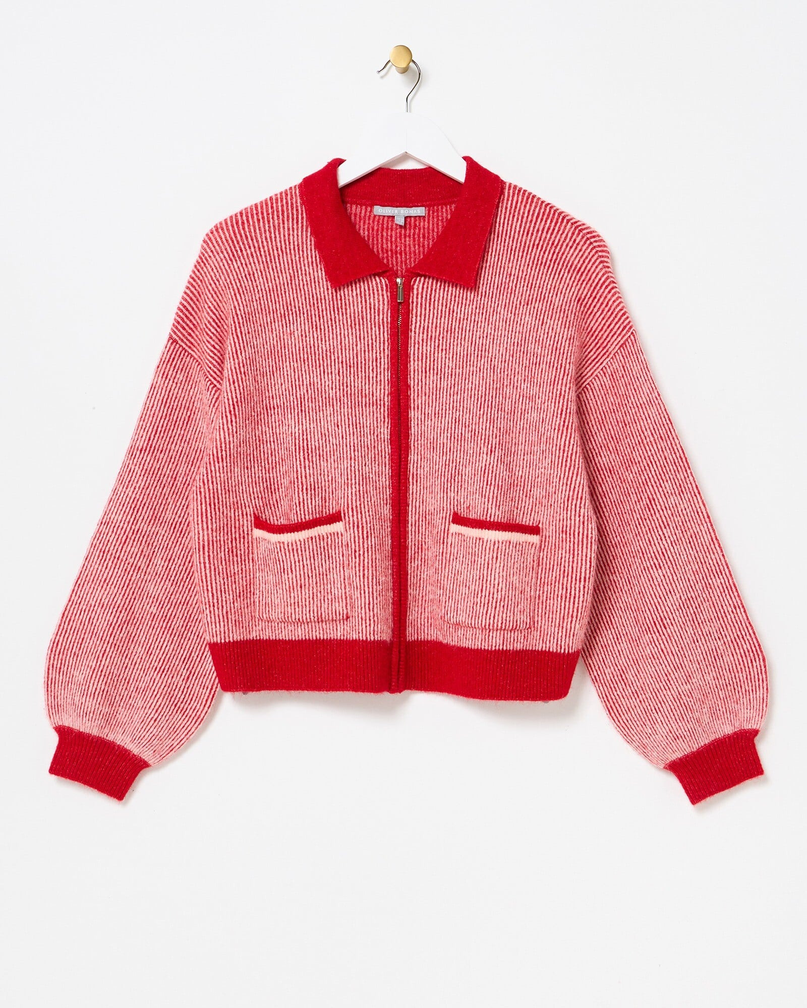 Red Striped Collared Knitted Bomber Jacket | Oliver Bonas | Oliver Bonas (Global)