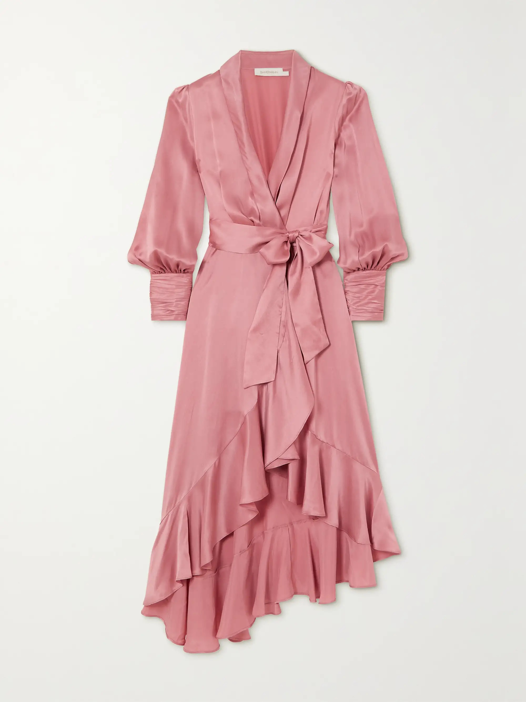 Asymmetric ruffled silk-satin midi wrap dress | NET-A-PORTER (US)