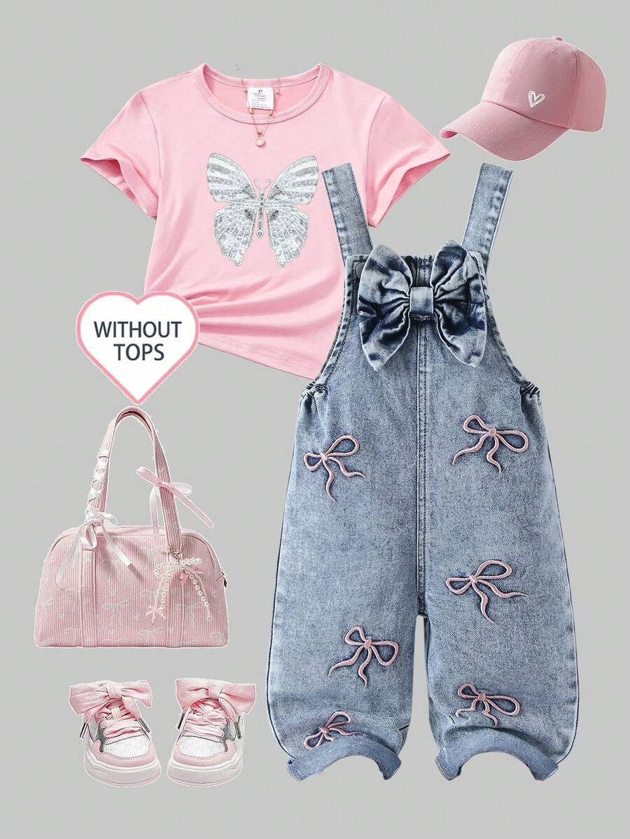 Genkimix Kids Baby Girls' Cute Vintage Denim Bib Pants,Pink Embroidered Bow Design,Summer Graphic... | SHEIN