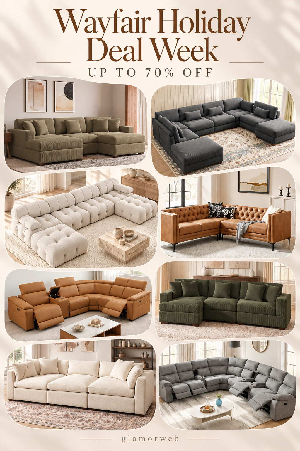 Wayfair Holiday Deal Week is giving me every reason to refresh my living room! 🤎🛋️✨ UP TO 70% OFF select finds, and these gorgeous sectional sofas are seriously worth checking out! From oversized cloud couches and cozy corduroy sectionals to timeless leather sofas, reclining couches, and dreamy neutral modular sectionals, there are so many beautiful options! Loving all the plush cushions, deep seating, and expensive-looking designs that make any living room feel cozy, modern, and effortlessly luxurious. 🤍 Perfect for holiday hosting, family movie nights, or that living room makeover you've been planning!

#Wayfair #WayfairFinds #WayfairSale #HolidayDealWeek #WayfairDeals #SectionalSofa #SectionalSofas #ModularSectional #CloudCouch #OversizedSectional #LeatherSectional #CorduroySofa #RecliningSectional #LivingRoomFurniture #LivingRoomInspo #LuxuryLivingRoom #CozyLivingRoom #ModernLivingRoom #NeutralHomeDecor #FurnitureSale #FurnitureDeals #HomeDecorFinds #LivingRoomRefresh #AffordableLuxury #HolidayDeals #LTKHome #LTKFinds 

 #LTKSeasonal #LTKHome #LTKSaleAlert